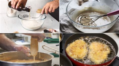Secuencia fotográfica mostrando el proceso de rebozado y fritura del bacalao.