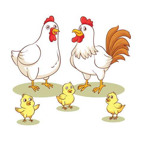 Ilustración de un lobo interactuando amistosamente con una gallina y sus pollitos, con comida alrededor