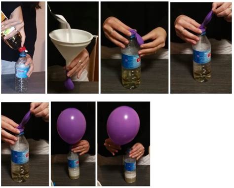 Fotografía paso a paso del llenado del globo utilizando una botella de plástico como embudo.