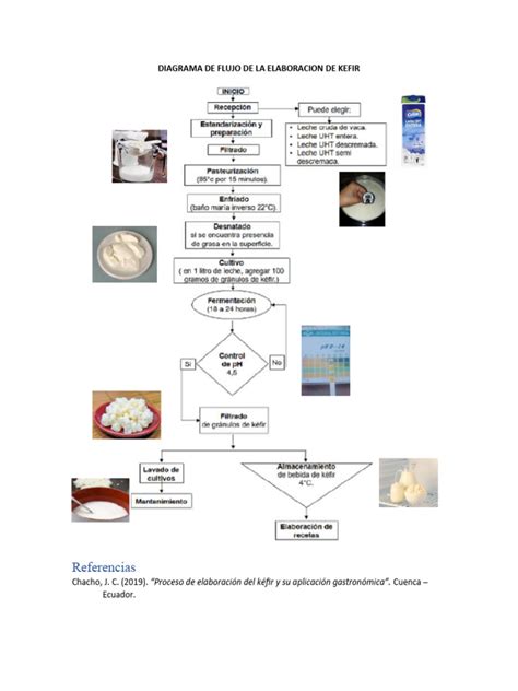 Diagrama de flujo detallando el proceso de elaboración del kéfir casero, desde la adición de granos hasta el almacenamiento del producto final.