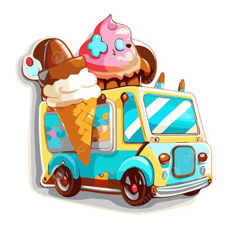 Diseño conceptual de un camión de helados decorado con elementos vibrantes y estilo animado para atraer al público infantil y familiar.