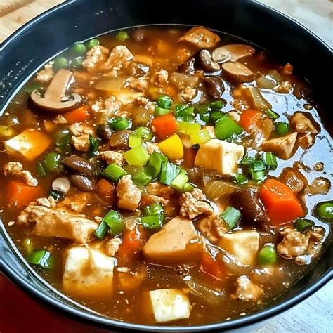 Cuenco de sopa agridulce con hilos de huevo, tofu, bambú y setas.