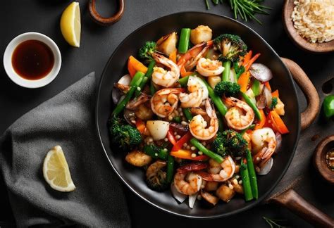 Esquema de diferentes técnicas de salteado de mariscos con vegetales y salsas