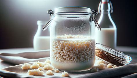 Fotografía de granos de kéfir o pajaritos de yogurt en un frasco con leche, listos para la fermentación