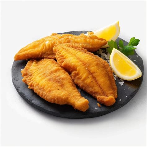 Plato de pescado frito tradicional con rodajas de limón y perejil.