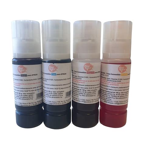 Botellas de tinta comestible de diferentes colores