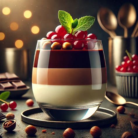 Primer plano de una panna cotta de tres chocolates en un vaso