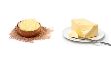 Imagen comparativa: mantequilla normal vs. ghee.