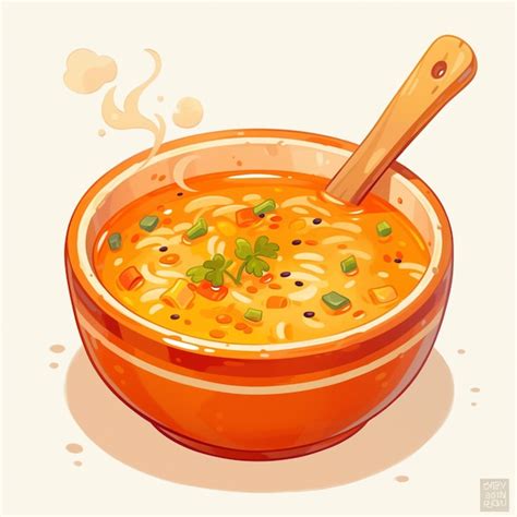 Ilustración de un tazón humeante de consomé de pollo con fideos y perejil picado.