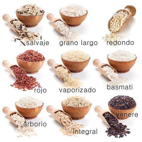 Esquema visual que muestra los distintos tipos de arroz (blanco, integral, glutinoso) y cómo se transforman en harina mediante procesos de molienda.