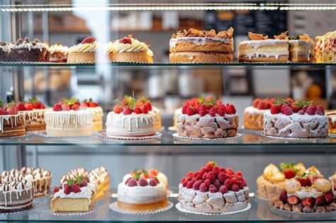 Variedad de tartas con rellenos estables a temperatura ambiente en una vitrina