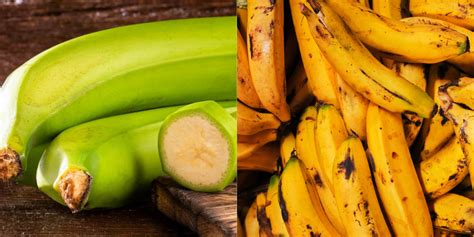Esquema que muestra la diferencia entre un plátano verde (para freír) y uno maduro (para postres).