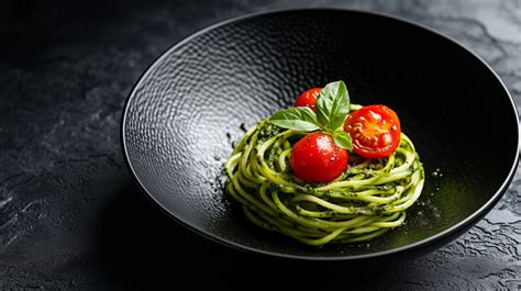 Fotografía: Plato de tallarines de calabacín italiano con pesto y tomates cherry