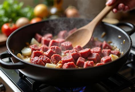 Primer plano de cubos de carne de ternera dorándose en una sartén caliente