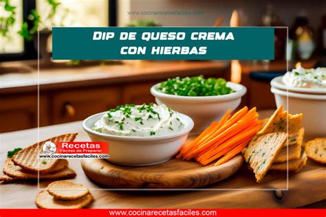 Cuenco de dip de queso crema con hierbas frescas y tostadas