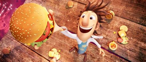Flint Lockwood con su invento y la lluvia de comida sobre Isla Bocado