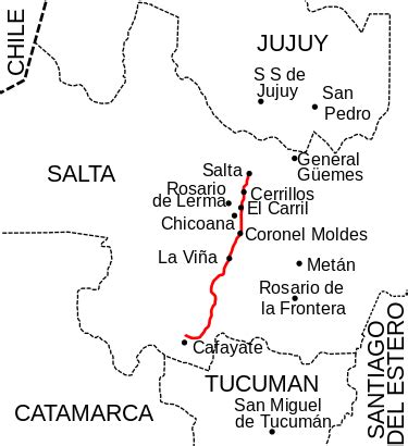 Mapa de la Ruta Nacional 68 en Salta, Argentina, destacando la localidad de La Merced y puntos de interés