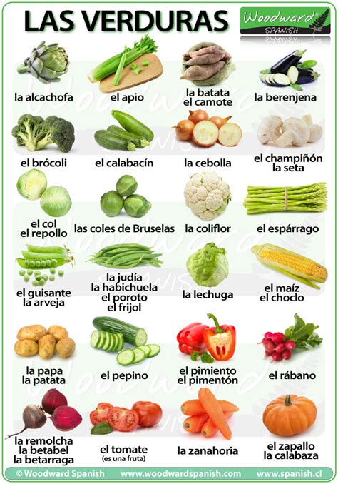 infografía mostrando la diversidad de verduras y frutas con sus nombres en español