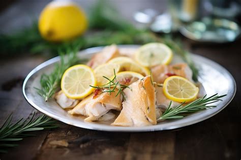 Fotografía de muslos de pollo dorados con rodajas de limón y ramas de romero fresco.