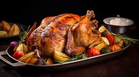Pollo entero asado a las hierbas y ciboulette, dorado y crujiente, servido en una fuente