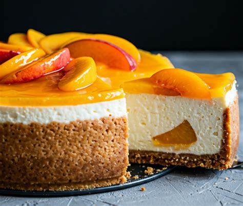 Cheesecake frío de durazno con base de galleta y duraznos en rodajas encima
