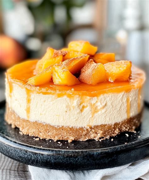 Cheesecake de durazno con rodajas de durazno fresco en la parte superior