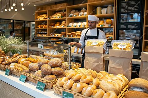 Muestras de pan y pasteles en el mostrador de una panadería