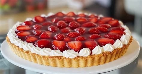 Tarta de gelatina y frutilla clásica con base horneada y crema