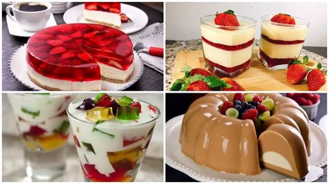 Foto de diferentes tipos de postres de gelatina con frutas