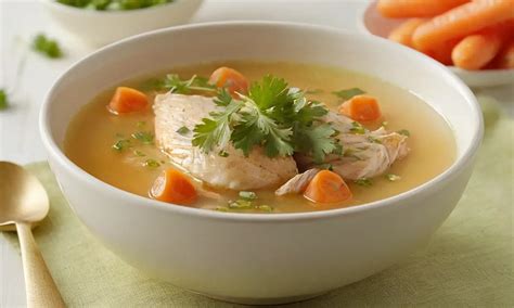 Tazón de consomé de pollo transparente con cilantro