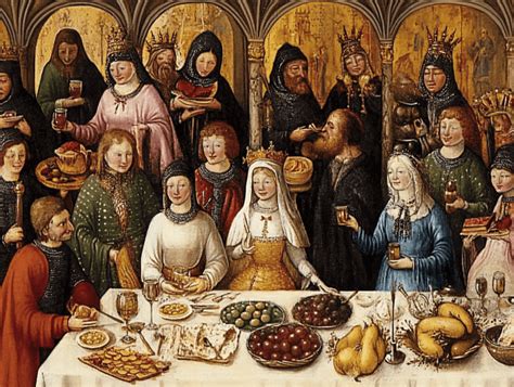 Ilustración o grabado de un banquete medieval europeo mostrando el manjar blanco