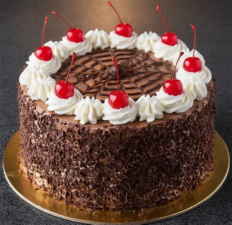 Torta negra decorada con azúcar glas y cerezas confitadas