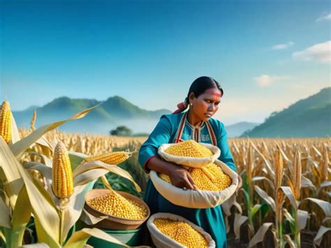 Representación de comunidades indígenas precolombinas cultivando maíz y preparando alimentos