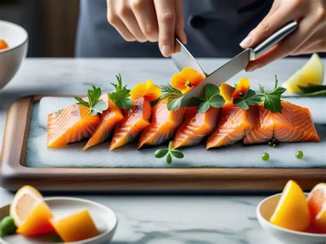 Láminas finas de salmón dispuestas elegantemente en un plato, listas para ser aderezadas.