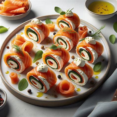 Rollitos de salmón ahumado con queso crema y eneldo