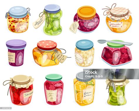 Ilustración de varios tarros de mermelada casera con etiquetas.