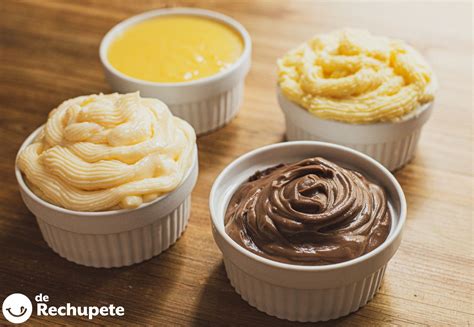 Muestra de diferentes tipos de cremas pasteleras y batidas en tazones