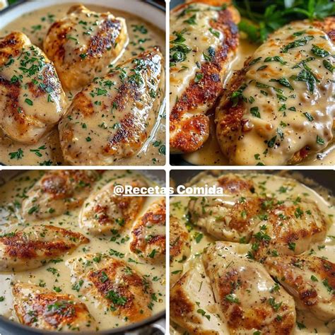 Ilustración de pechugas de pollo doradas con salsa cremosa de mostaza.