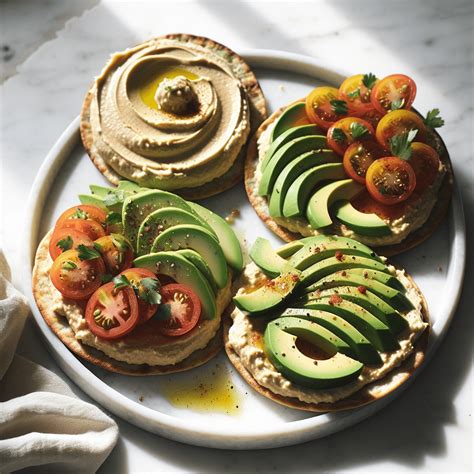 Variedad de tostadas vegetarianas y veganas con aguacate, hummus y frutas