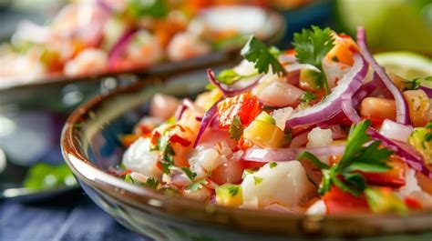 Plato de ceviche fresco con mariscos y cítricos