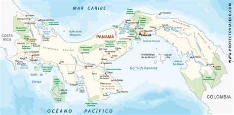 Mapa de Panamá mostrando sus costas del Caribe y Pacífico