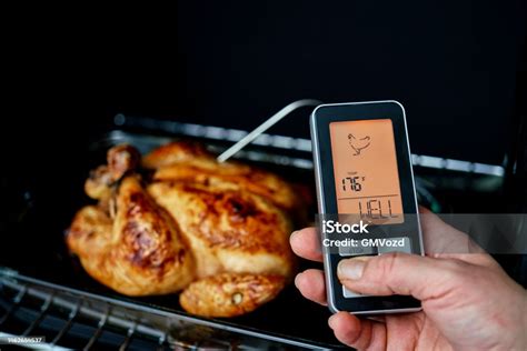 Termómetro de carnes insertado en una pechuga de pollo horneada
