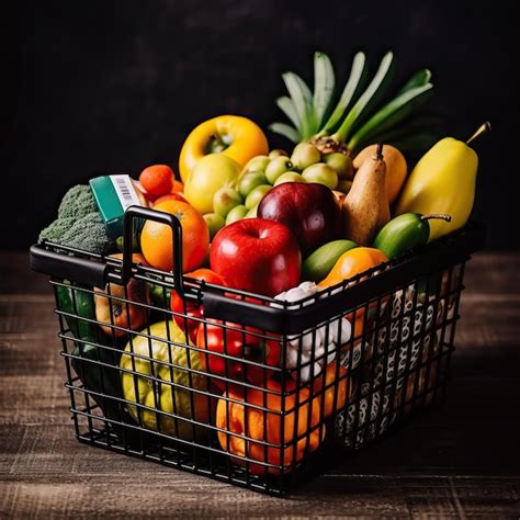 Cesta de compra llena de frutas y verduras variadas como manzanas, plátanos, lechugas y zanahorias