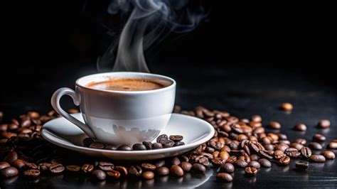 Taza de café humeante y granos de café, con un fondo que sugiere bienestar y energía.