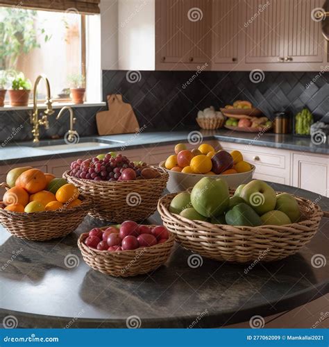 Cesto de frutas frescas y coloridas en una cocina luminosa