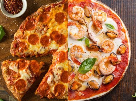 Infografía: Combinaciones sugeridas de ingredientes para pizzas caseras (carnes, quesos, verduras y mariscos).