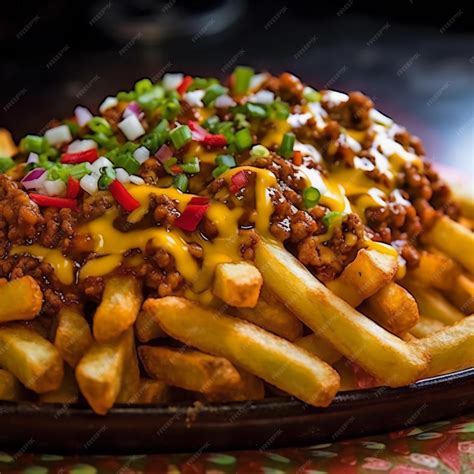 Plato de papas crujientes con chili y queso vegano