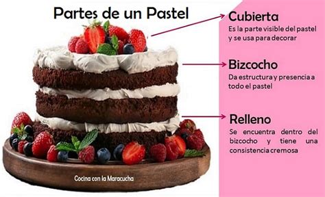 Infografía con las partes de una torta: bizcocho, relleno y cobertura.