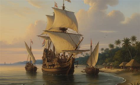 Ilustración antigua mostrando la llegada de los españoles a América.