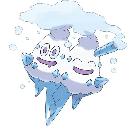 Representación de Vanilluxe, el Pokémon con forma de helado doble, en un entorno nevado.